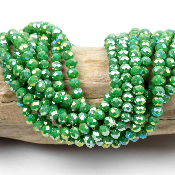 Cherry Tree Beads Crystal Beads - approx. 4.5x6mm Opaque Shamrock Green Faceted Rondelles with AB finish, 15 inch strand 