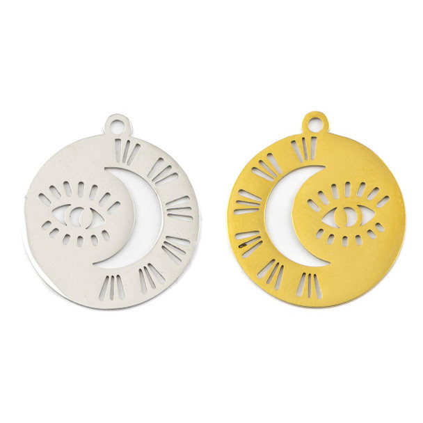 Cherry Tree Beads 304 Stainless Steel 20x22mm Radiant Moon and Eye Coin Pendants - 2 per bag 