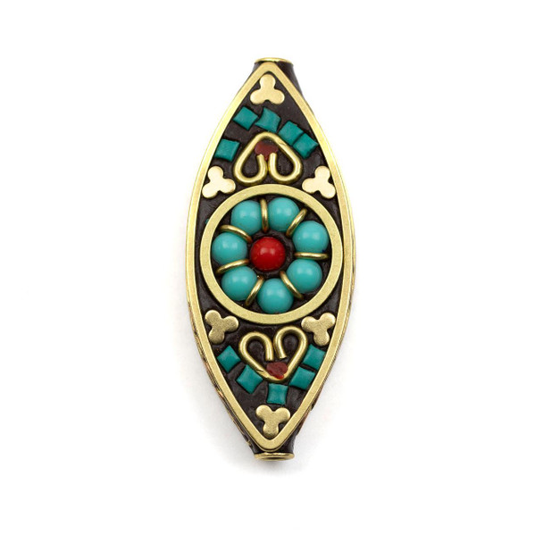 Cherry Tree Beads Tibetan Brass 17x42mm Marquise Focal Bead with Turquoise Howlite and Red Coral Inlay - 1 per bag Cherry Tree Beads Tibetan Brass 17x42mm Marquise Focal Bead with Turquoise Howlite and Red Coral Inlay - 1 per bag
