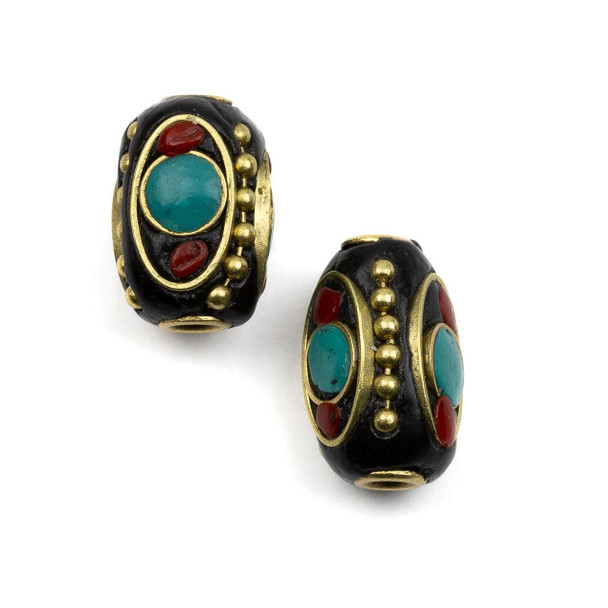 Cherry Tree Beads Tibetan Brass 9x12mm Tube Beads with Red Coral and Turquoise Howlite inlay - 2 per bag  Cherry Tree Beads Tibetan Brass 9x12mm Tube Beads with Red Coral and Turquoise Howlite inlay - 2 per bag