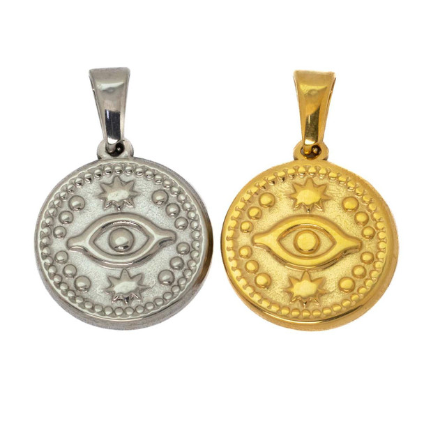 Cherry Tree Beads 304 Stainless Steel 17.5mm Mystic Evil Eye Coin Charm with Bail - 2 per bag  Cherry Tree Beads 304 Stainless Steel 17.5mm Mystic Evil Eye Coin Charm with Bail - 2 per bag