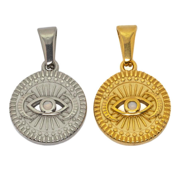 Cherry Tree Beads 304 Stainless Steel 15.7mm Radiant Evil Eye Coin Charm with Bail - 2 per bag  Cherry Tree Beads 304 Stainless Steel 15.7mm Radiant Evil Eye Coin Charm with Bail - 2 per bag