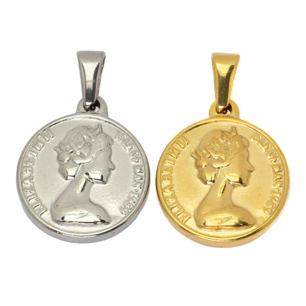 Cherry Tree Beads 304 Stainless Steel 18.5mm Isle of Man Dos Pesos Elizabeth II Coin Charm with Bail - 2 per bag  Cherry Tree Beads 304 Stainless Steel 18.5mm Isle of Man Dos Pesos Elizabeth II Coin Charm with Bail - 2 per bag