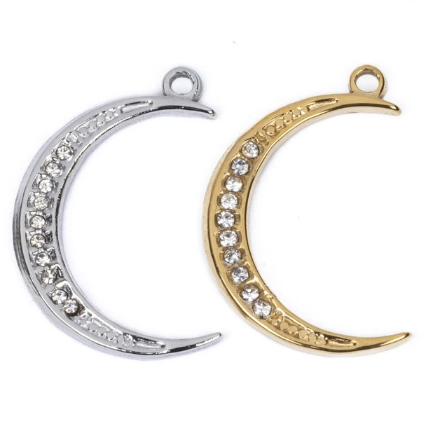 Cherry Tree Beads 304 Stainless Steel 15x23mm Crescent Moon Charms with Crystals - 2 per bag 