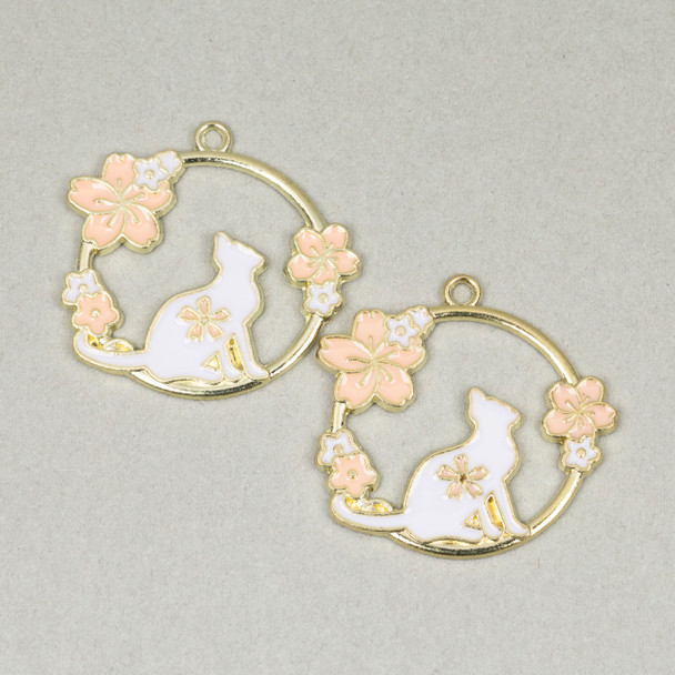Enameled gold pewter 30mm circular cat charm with floral details for jewelry making