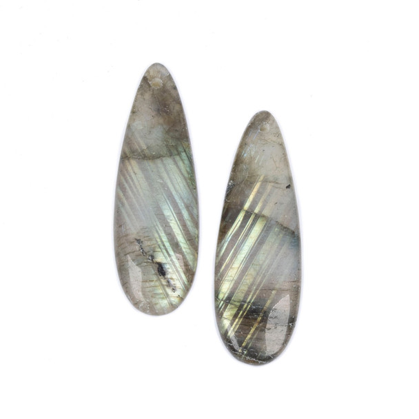 Matched pair of Blue Labradorite 13x40mm teardrop pendants showing natural gemstone patterns and front drilled holes