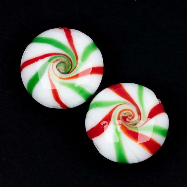 Cherry Tree Beads Handmade Lampwork Glass Bead - 9x16mm Red and Green Peppermint Candy, 2 per bag 