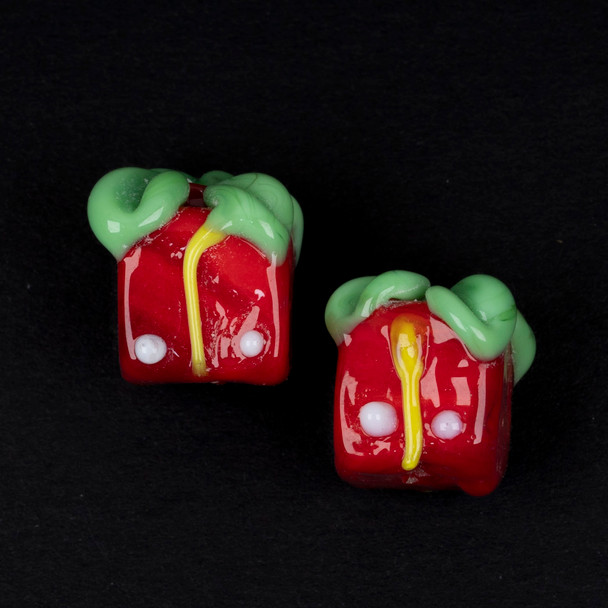Handmade Lampwork Glass Christmas Bead - 11x12mm  Red Present with Green Bow, 2 per bag