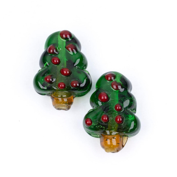 Cherry Tree Beads Handmade Lampwork Glass Beads - 13x19mm Christmas Tree with Red Ornaments, 2 per bag 