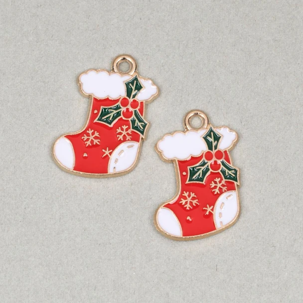 Cherry Tree Beads Enameled Gold Pewter 14x20mm Red Stocking with Holly Charms - 2 per bag 