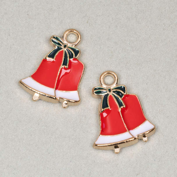 Enameled Gold Pewter 16x20mm Red Bell with Green Bow Charms for DIY necklaces.