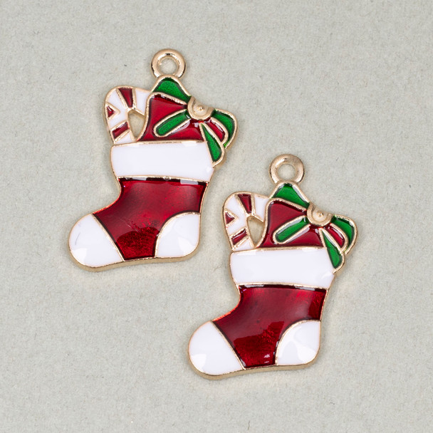Enameled Gold Pewter 15x27mm Red Stocking with Green Bow and Candy Cane for DIY Christmas earrings.
