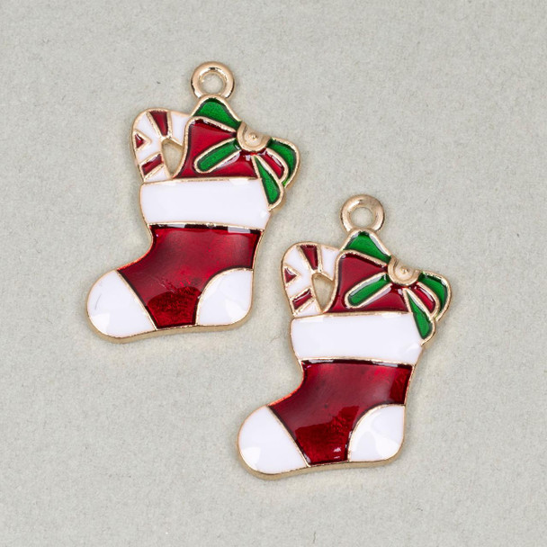 Cherry Tree Beads Enameled Gold Pewter 15x27mm Red Stocking with Green Bow and Candy Cane - 2 per bag 
