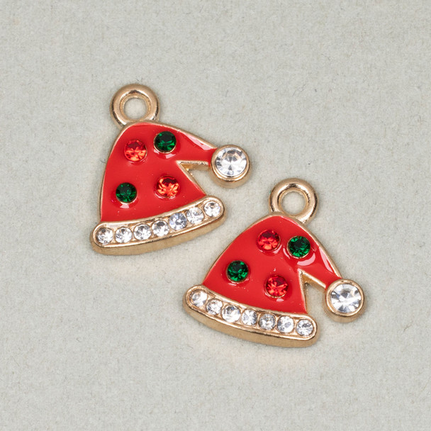 Enameled Gold Pewter 16x17mm Red Santa Hat with Crystal for DIY designs.