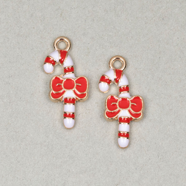 Enameled Gold Pewter 9x21mm Candy Cane with Red Bow Charms for DIY necklaces.