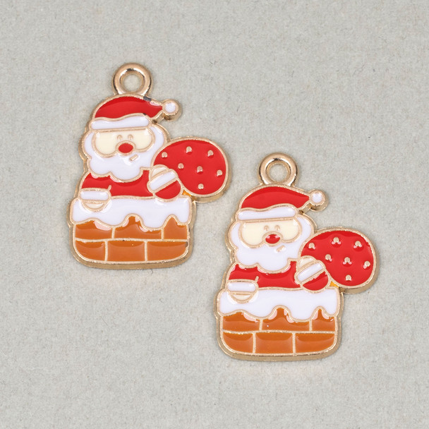Enameled Gold Pewter 16x21mm Santa in Chimney with Present Bag Charms for DIY festive creations.