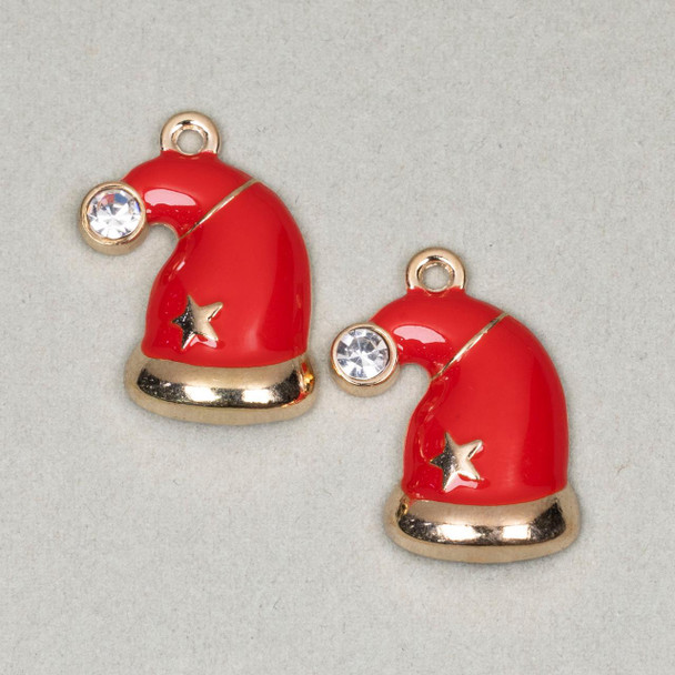 Cherry Tree Beads Enameled Gold Pewter 13x22mm Red Santa Hat with Star - 2 per bag 