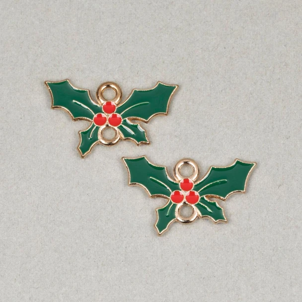 Cherry Tree Beads Enameled Gold Pewter 13x21mm Holly Leaf Link Charms - 2 per bag 