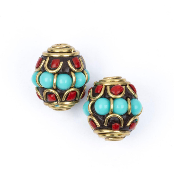 Cherry Tree Beads Tibetan Brass 13x14mm Round Beads with Turquoise Howlite and Red Coral inlay - 2 per bag 