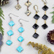 Gemstone Diagonally Drilled Square Drop Earrings