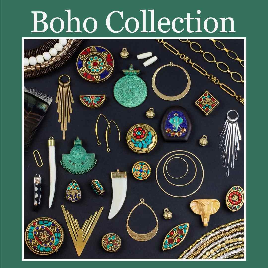 Boho Collection of beads and jewelry-making supplies featuring natural gemstones, earthy tones, rustic charms, and eclectic components for bohemian designs.