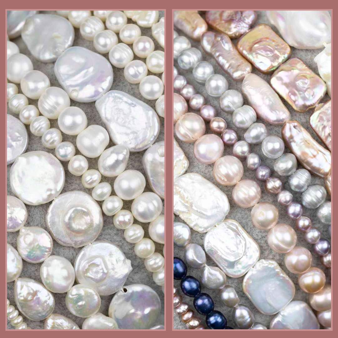 Freshwater pearls arranged on a black background.