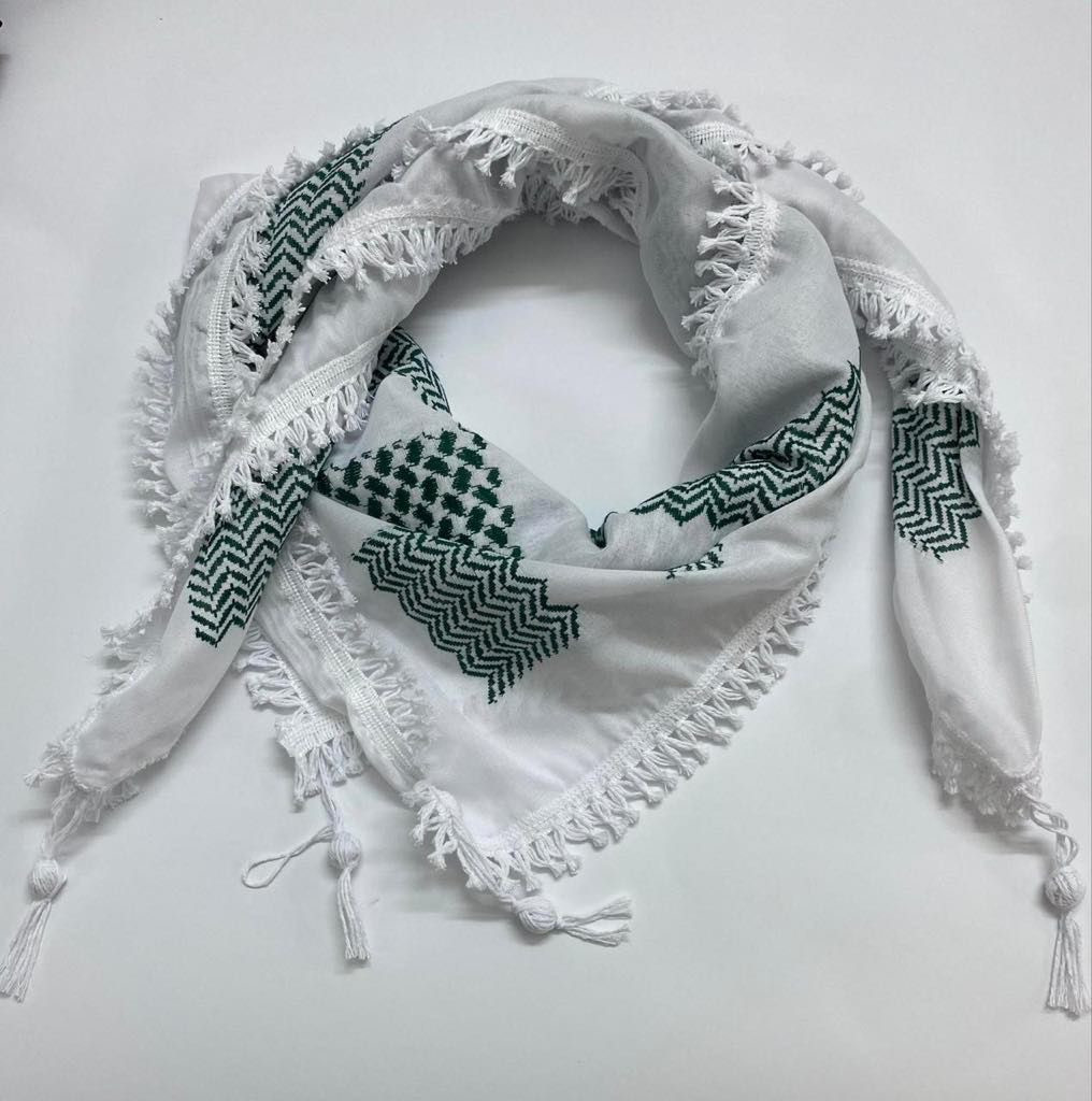 Écharpe Palestinienne Keffieh – Blanc, Coton, Franges, Unisexe, Fabriquée Main