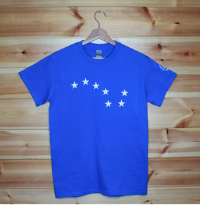 Blue Starry Plough one colour front and back screen printed t-shirt.
