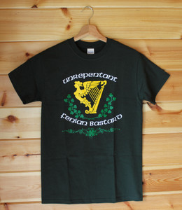 'Unrepentant Fenian Bastard' a three colour hand screen printed image on a bottle green. 'Unrepentant Fenian Bastard' a three colour hand screen printed image on a bottle green.