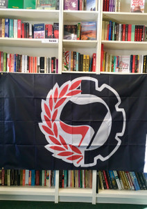 ANTIFA Cog and Wreath - double sided - black Flag - 5 x 3ft ANTIFA Cog and Wreath - double sided - black Flag - 5 x 3ft