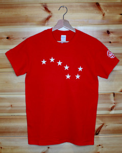 Red Starry Plough one colour front and back hand screen printed t-shirt.
