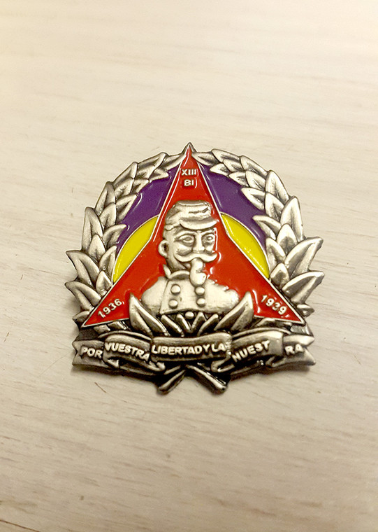 3D Reproduction of the International Brigade badge of the XIII Dabrowski Battalion with Spanish republican flag and red star/logo of International Brigades.