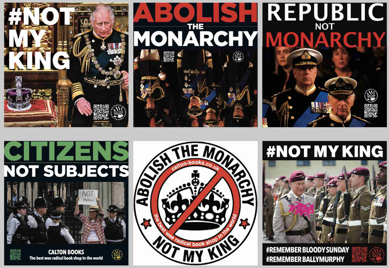 A selection of Anti-Monarchy stickers size 10 cm x 10 cm