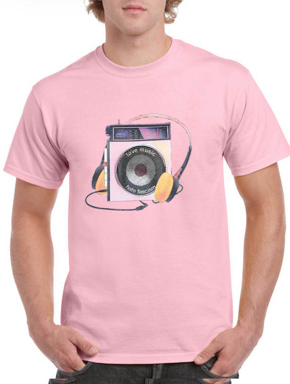 Love Music Hate Fascism walkman pink t-shirt
