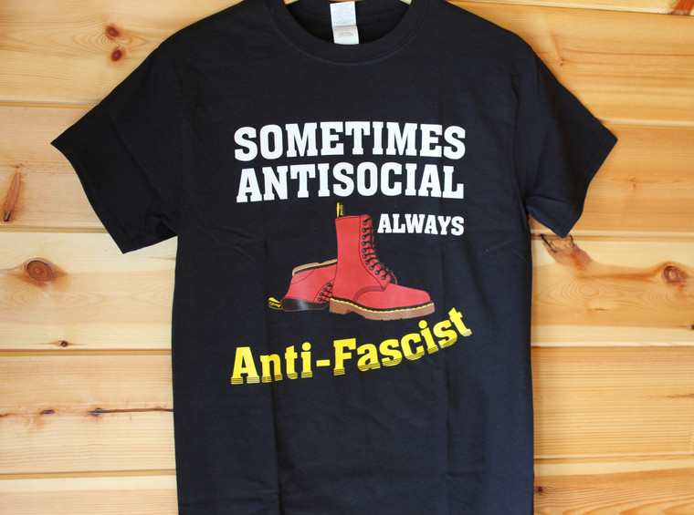 Doc Marten sometimes anti-social always anti-fascist black t-shirt