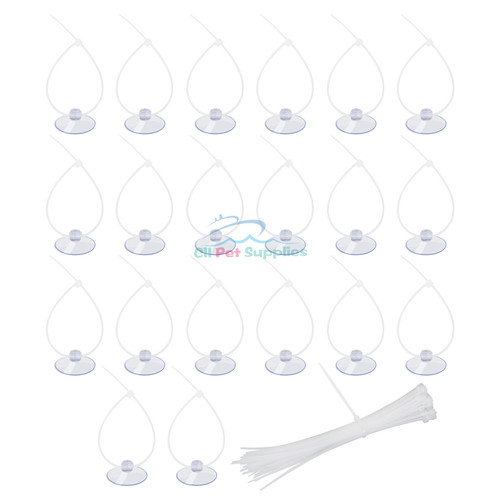 Feature:
Can be used for small aquariums such as pipes or objects, easily hold shrimp nest and bind moss into different shapes.
Suction cup dia. 1 inch; Length of Zip Tie: 6 inch. 
High quality plastic, long life time Easy to be blended into background.
Includes: 20 pieces suction cups and 40 pieces zip ties.
Suction cup dia: 1 inch; Length of Zip Tie: 6 inch.
