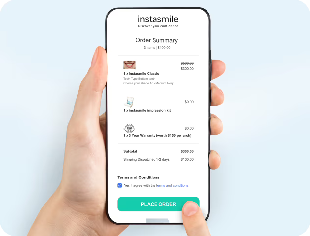 Phone showing ordering veneers on Instasmile site