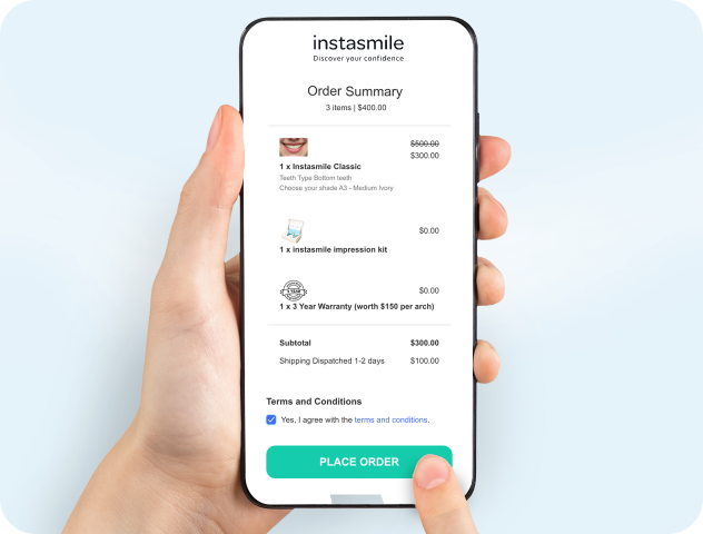 Phone showing ordering veneers on Instasmile site