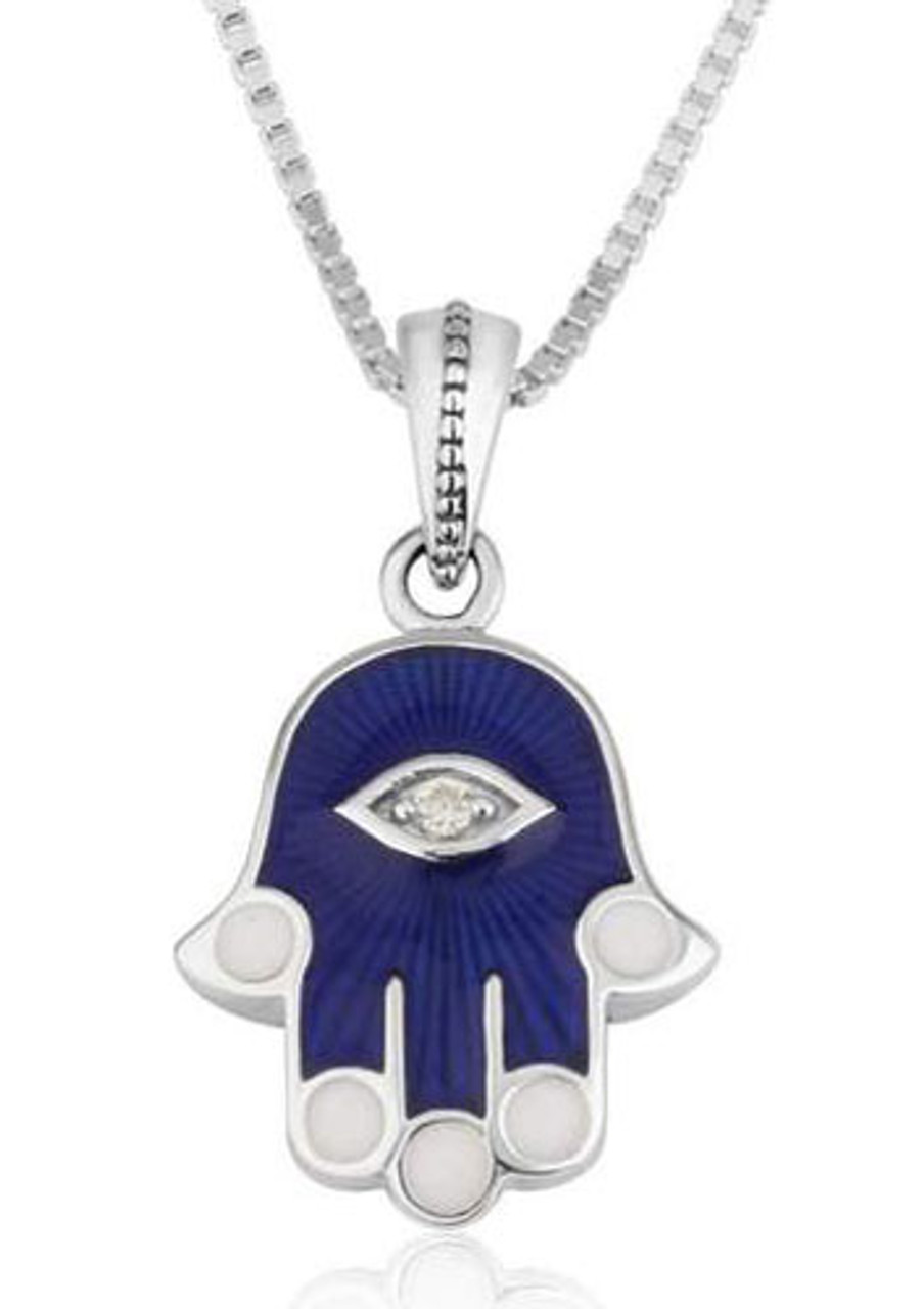 Sterling Silver and Blue Enamel Hamsa with Evil Eye Pendant