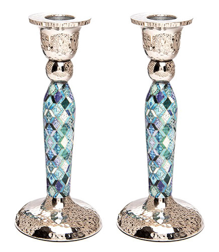 Modern Shabbat Candlesticks Blue Geometric Design Your Holy Land Store