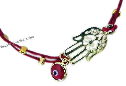Gold Red String Kabbalah Bracelet with Protection Hand