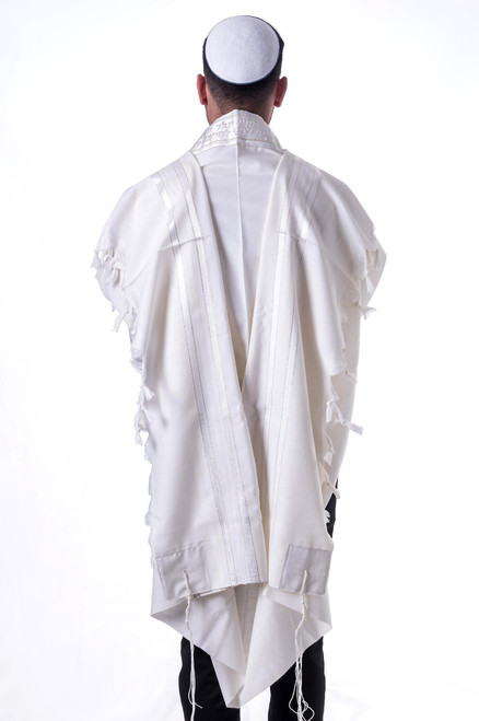 Traditional Pure Wool Tallit with White and Gold Stripes