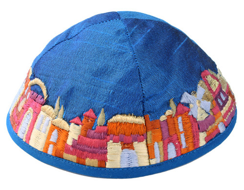 Blue Kippah with Embroidered Jerusalem Blue Kippah with Embroidered Jerusalem