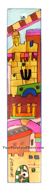 Wooden Mezuzah with Hand Painted Jerusalem Views