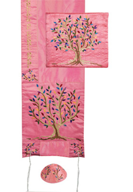 Raw Silk Pink Tallit with Tree of Life