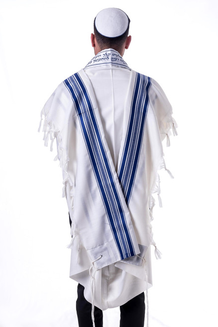 Traditional Wool Prayer Shawl with Blue and Silver Stripes