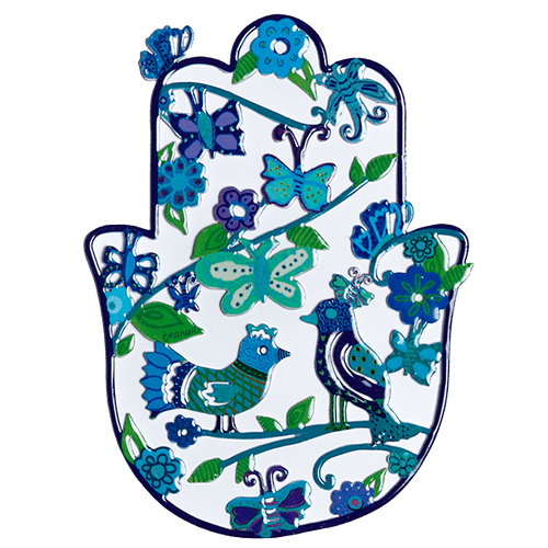 Hand-Painted Blue Hamsa Wall Hanging with Butterflies and Birds