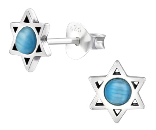 925 Sterling Silver & Blue Cat Eye Star of David Stud Earrings