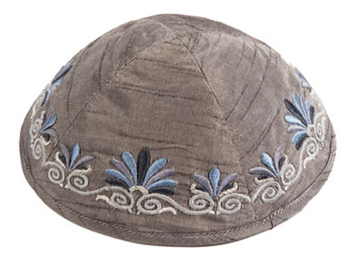Embroidered Raw Silk Gray Kippah