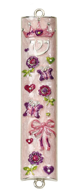Girl Enameled Pink Mezuzah Case with Butterflies